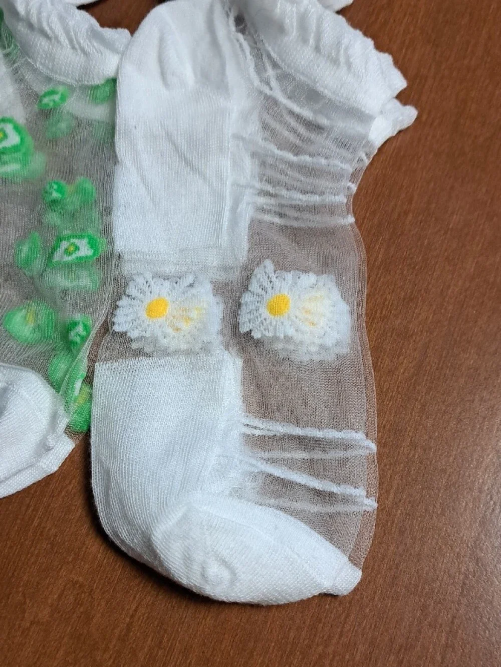 Women’s Sheer Floral Ankle Socks - White with Blue & Green Embroidery
